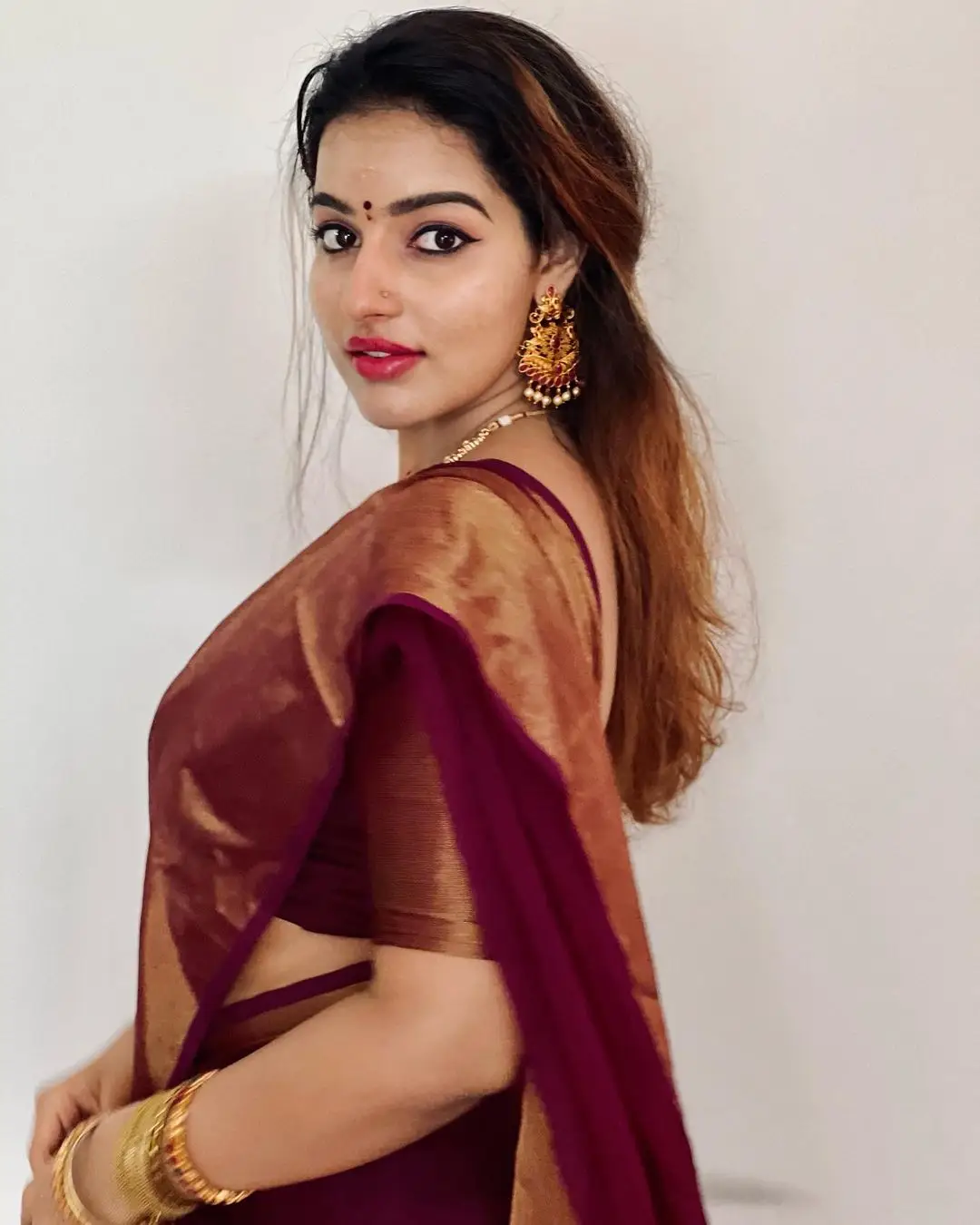 MALAYALAM ACTRESS MALAVIKA MENON IN MAROON SAREE BLOUSE